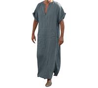 Hommes Coton Lin Robes pour Homme Chemise de Nuit à Manches Courtes Hommes à Col en V avec Poches Priere Qamis Couleur Unie Casual Baggy Grande Taille Respirant et Confortable (A01-Dark Gray, M)