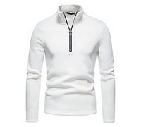 Hommes décontracté Automne Solide Pull Hauts col roulé Fermeture éclair col Mode Blouse à Manches Longues Populaire Chaud Pull Haut (White, L)