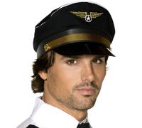 Hommes Déguisement Airline Pilot Chapeau Noir Casquette Avec Badge Vie Fête Neuf