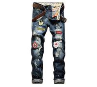 Hommes Denim Coton Droit Badge Jeans Slim Mode Loisirs Lavé Broderie Syringe Encre Affligé Rétro Marée Marque Pantalons Jeans (Color : Blau, Size : 38)