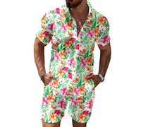 Hommes Été 2 Pièces Shorts Sets Chemise à Manches Courtes boutonnée imprimée Dragon et Short à Cordon de Serrage Ensemble de survêtement de Plage hawaïen