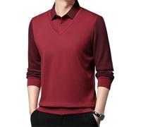 Hommes Faux Deux Pièces Revers Manches Longues Top Homme Rayé Revers Faux Deux Pièces Chemise Manches Longues Faux Chemise Tricotée 2 Pièces, Rouge, M