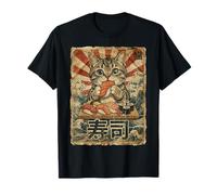 Hommes Femmes Art Japonais Drôle Style Vintage Chat Mangeant Sushi T-Shirt
