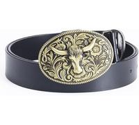 Hommes Femmes Ceintures Noir & Marron Western Bracelet en Cuir avec Boucle De Ceinture Ethnique Ovale en Filigrane Sculpté Bull Longhorn Boucle Dorée, Black, 125cm/waist:43