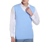 Hommes Femmes Tricoté Coton Col V Gilet JK Uniforme Pull sans Manches Pull Scolaire Cardigan - bleu ciel - Taille L