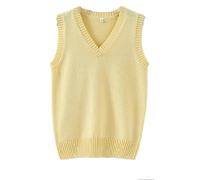 Hommes Femmes Tricoté Coton Col V Gilet JK Uniforme Pull sans Manches Pull Scolaire Cardigan - Jaune - Taille S
