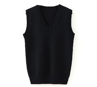 Hommes Femmes Tricoté Coton Col V Gilet JK Uniforme Pull sans Manches Pull Scolaire Cardigan - Noir - Taille M
