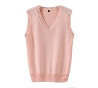 Hommes Femmes Tricoté Coton Col V Gilet JK Uniforme Pull sans Manches Pull Scolaire Cardigan - Rose - Taille L