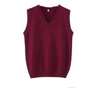 Hommes Femmes Tricoté Coton Col V Gilet JK Uniforme Pull sans Manches Pull Scolaire Cardigan - Rouge - Taille L