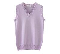 Hommes Femmes Tricoté Coton Col V Gilet JK Uniforme Pull sans Manches Pull Scolaire Cardigan - Violet - Taille XL