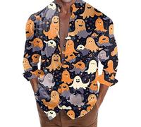 Hommes Halloween Chemise Manches Longues Slim Fit, Casual Tête De Citrouille avec Impression 3D Mode Et Confort Grande Taille Hawaii Funky Fête Boutonnée Monstre Fantôme Chemises pour Soirée Dansante