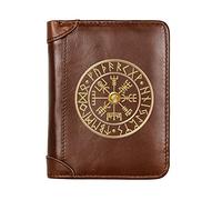 Hommes Haute Capacité Portefeuille Trifold en Cuir Véritable Sac Court, avec Blocage RFID Fenêtre Photo Carte de Crédit Porte-Monnaie Mince, Nouveauté Viking Amulette à Carreaux,café,Viking Compass 2