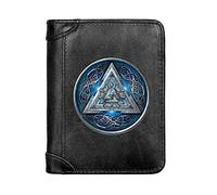 Hommes Haute Capacité Portefeuille Trifold en Cuir Véritable Sac Court, avec Blocage RFID Fenêtre Photo Carte de Crédit Porte-Monnaie Mince, Nouveauté Viking Amulette à Carreaux,Noir,Valhalla 1