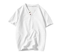 Hommes Henry Chemise Slim Top col en V Coton Lin t-Shirt léger Sport Slim Muscle Manches Courtes (Blanc,L)