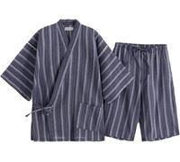 Hommes Jaese Kimono Pyjama Costume Chemise De Nuit en Coton D’été Pyjama À Manches Courtes Ensemble De Pyjamas avec Poches, Ink Blue, 6XL