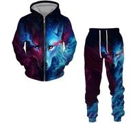 Hommes Loup Survêtements 2 Pièces Tenue Jogging Ensemble Casual Manches Longues Sports, Wolf 1, 5XL