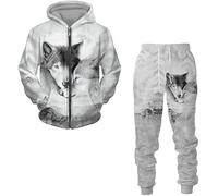 Hommes Loup Survêtements 2 Pièces Tenue Jogging Ensemble Casual Manches Longues Sports, Wolf 2, 5XL