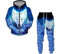 Hommes Loup Survêtements 2 Pièces Tenue Jogging Ensemble Casual Manches Longues Sports, Wolf 6, XXL