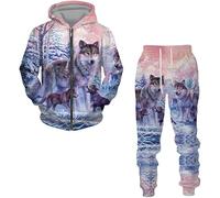 Hommes Loup Survêtements 2 Pièces Tenue Jogging Ensemble Casual Manches Longues Sports, Wolf 9, L