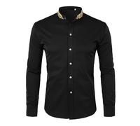 Hommes Or Blé Oreille Broderie Décontractée Mode Ethnique Caractéristique Chemise Casual Business Commerce Extérieur Chemise à Manches Longues Homme, Noir , XL