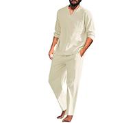 Hommes pièces Coton Lin Ensemble Chemise à Manches Longues et Pantalons de Plage décontractés Tenues de Yoga d'été Complet Pulls Cardigan en Coton pour Hommes