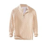 Hommes Printemps Automne et Hiver Manches Longues Vertical Rayé Demi-Col Haut Fermeture Éclair Chaud Top avec Pull Tricoté Pull Tie Front Chemises pour Homme, beige, M