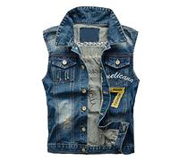 Hommes Rétro Jeans Blouson sans Manches Gilet Denim Décontractée Gilet Veste en Jean Déchiré Gilets Bleu 3XL
