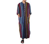Hommes Robes Ethniques Manches Longues Couleur unie Caftan Dénouer Fit Tunique Décontractée Grandes Tailles Chemise Longue avec Poches Été Coton Lin Robes, rayures, L