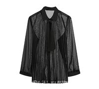 Hommes Sexy Chemise Maille Voir À Travers Revers À Manches Longues avec Cravate Plissée Solide Vêtements De Fête