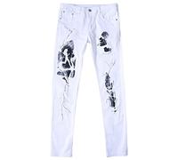 Hommes Shredded Fleur à Fourche Jeans Breaking Hole Impression Slim Jeans Rose Droite élastique Breaking Hole Jeans (Blanc,42)