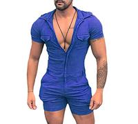 Hommes Slim Fit Zippé Combinaison Short à Manches Courtes,Salopette de Travail,Eté Grenouillères Short Combinaison Pyjama Chemise Une Pièce Jumpsuit Playsuit,Combinaison de Sport Jogging S