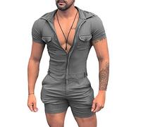 Hommes Slim Fit Zippé Combinaison Short à Manches Courtes,Salopette de Travail,Eté Grenouillères Short Combinaison Pyjama Chemise Une Pièce Jumpsuit Playsuit,Combinaison de Sport Jogging 4XL