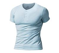 Hommes Slub Henley T-Shirt Court Manche Poids léger Détendu en Forme Décontractée avec 3 Boutons Patte de Boutonnage Col Rond Chemises,Bleu Clair,L
