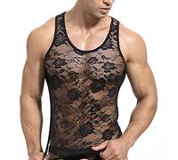 Hommes sous-vêtement Dentelle Florale Maillot Corps Gilets Sport Haut Maille Transparente Voir à Travers Chemise Musclée Haut Court Tricot Corps Vêtement Sport 1# Noir Large