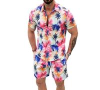 Hommes Tenues 2 pièces d’été Imprimé Floral Chemise de Plage hawaïenne boutonnée à Manches Courtes et Ensemble Short