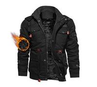 Hommes Veste Hiver Chaude Veste de Travail Coton Veste Polaire Grande Taille Veste Militaire US Army Vintage Blouson Capuche Veste Tactique Extérieure Veste Cargo Décontractée Coupe-Vent Noir