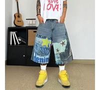 Hommes Vintage Déchiré Ourlet Distressed Étoile et Lettre Imprimer Lâche Large Jambe décontracté Shorts en Jean, Mode Streetwear, Convient pour l'été L,M,S,XL,XS,XXLGéométrique,graphique,LettresJean