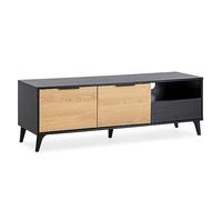 HOMN LIVING Meuble TV Kalma 2 portes et 1 tiroir, couleur noir brossé et bois, 136 cm (largeur) 40 cm (profondeur) 45 cm (hauteur)