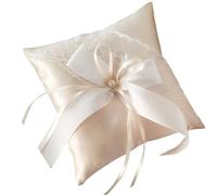 HOMOBABE Coussin en Coton de Soie et Satin Décoré de Perles et Rubans 15x15 Cm pour Alliances de Mariage pour Cérémonie Élégante de Demoiselle d'honneur ou Mariée