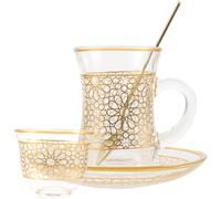 HOMOCONO Ensemble Tasse à Latte en Verre Or 200ml avec Soucoupe et Cuillère, Léger et Facile à Tenir, pour Boire du Thé ou Moments de Détente