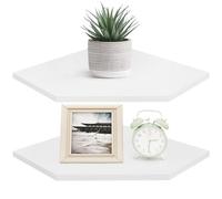 Homode Lot de 2 étagères d'angle flottantes avec trou de cordon pour haut-parleur, boîte à câbles, étagère de rangement à suspendre en bois pour salle de bain, salon, chambre à coucher, blanc