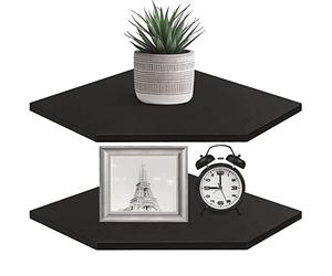 Homode Lot de 2 étagères d'angle flottantes avec Trou de Fil pour TV, boîte à câbles, étagère de Rangement à Suspendre en Bois pour Salle de Bain, Cuisine, Salon, Chambre à Coucher, Noir