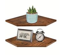 Homode Lot de 2 étagères d'angle murales flottantes pour Accessoires TV, Haut-Parleur, boîte à câbles, Console de Jeu, Rangement pour Salle de Bain, Cuisine, Salon, Chambre à Coucher, Marron Rustique