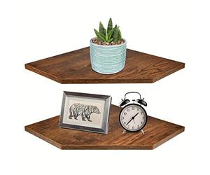 Homode Lot de 2 étagères d'angle murales flottantes pour Accessoires TV, Haut-Parleur, boîte à câbles, Console de Jeu, Rangement pour Salle de Bain, Cuisine, Salon, Chambre à Coucher, Marron Rustique