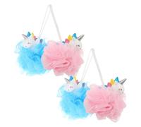 Homoyoyo 4 pièces Lot de Boules de Bain Exfoliantes Licorne pour Garçon Fille Éponge Douce pour Massage et Soin Peau avec Corde de Suspension Rose et Bleu
