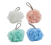 Homoyoyo 4 pièces Lot de Boules de Bain Exfoliantes Maille PE Éponges Douces pour Fleurs de Bain Réutilisables Couleurs Unies Rose Bleu Blanc Vert pour Nettoyage Corporel et Soin Peau