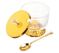 Homoyoyo Bocal en Verre avec Couvercle et Cuillère Récipient à Sel en Alliage et Verre Sucrier Transparent à Motifs Verticaux Dorés 1 Pièce Cuisine et Rangement des Épices