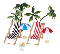Homoyoyo Ensemble Miniature en Résine pour Maison de Poupée - 2 Palmiers, 2 Parasols, 2 Chaises Longues, 2 Boissons, Table à Thé Ronde - Décoration Micro-Paysage Plage pour Jardin