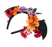Homoyoyo Halloween Headband Skull Hair Accessories With Mexican Flower Crown And Bat Wings Adjustable Fabric Headpiece For Day Of The Dead Masquerade And Mardi Gras Parties