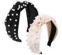 Homoyoyo Lot de 2 Bandeaux à Nœud en Velours Doré Perles Bandeaux Larges pour Cheveux Couleurs Noir et Beige Accessoires Coiffure Femmes pour Sport et Travail et Voyages